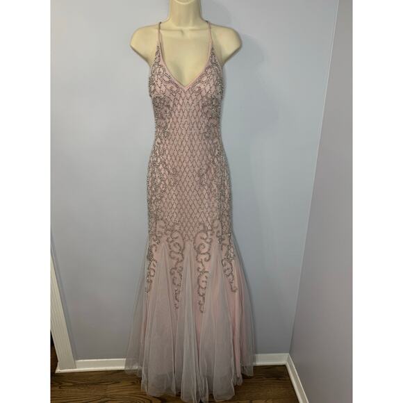Xscape Beaded Lattice Mermaid Dress with Crisscross Back Pale Pink Prom Womens 4 - Picture 2 of 16